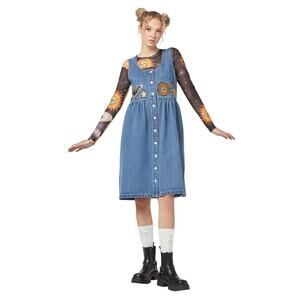 DANGERFIELD Moonlight Embroidered Pinny Dress Denim Celestial Sz L NWT {3U6}